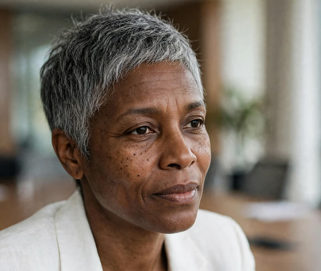 Silver textured pixie on fine salt-and-pepper hair, Black woman in her mid 40s, white blazer, conference room
