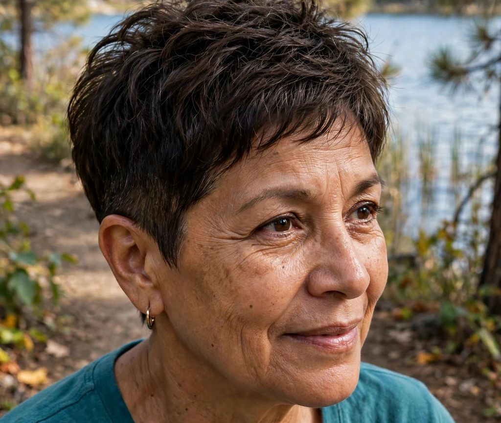 Pixie with clean tapered sides on fine dark brown hair, Latina woman in her mid 50s, teal top, lakeside trail