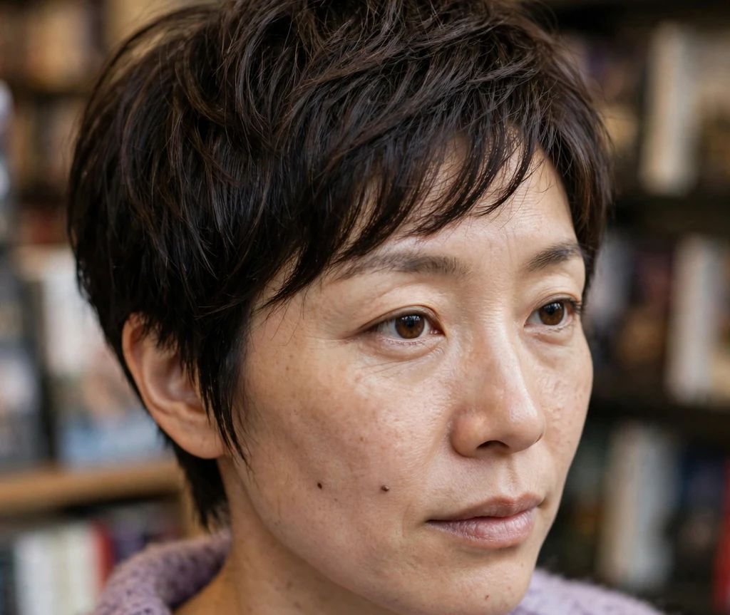 Piecey soft pixie on fine dark brown hair, East Asian woman in her early 30s, lavender sweater, bookstore