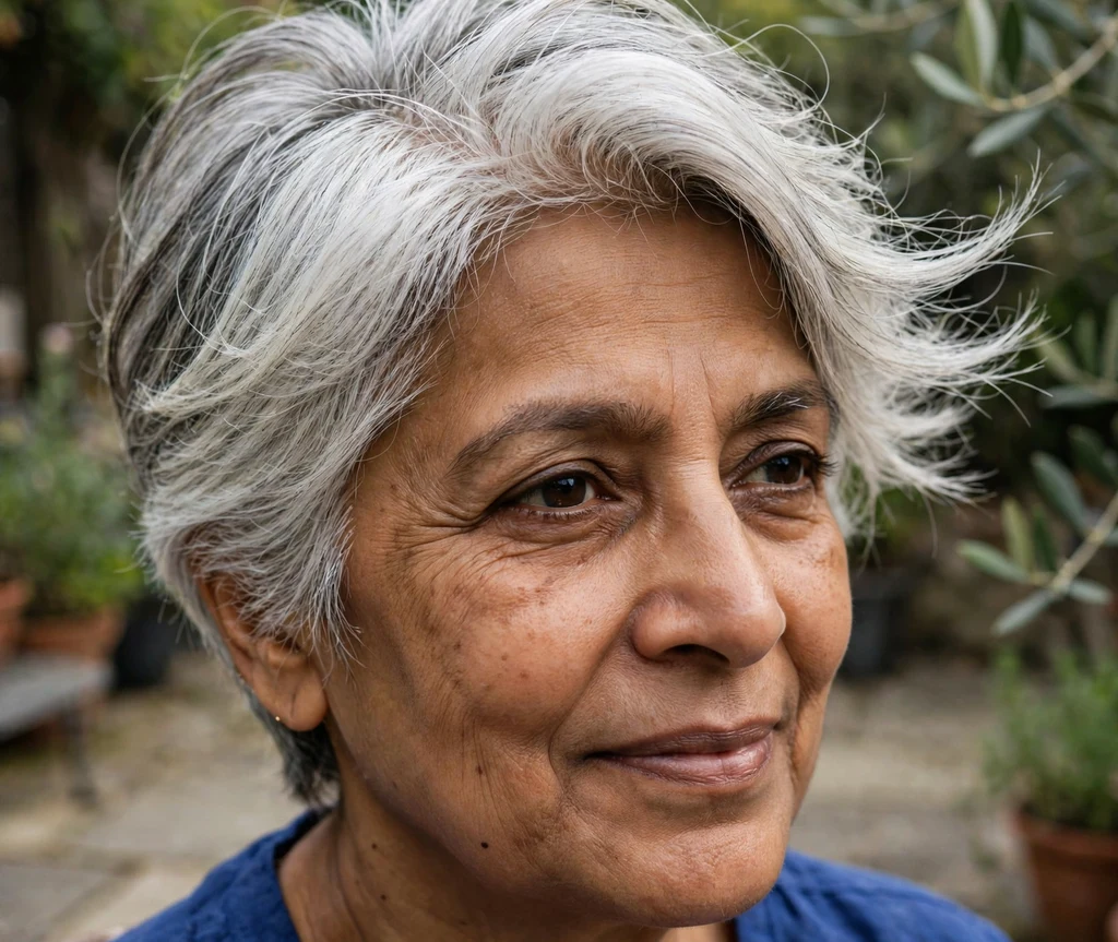 Windswept pixie on fine silver-white hair, South Asian woman in her early 60s, royal-blue top, garden patio