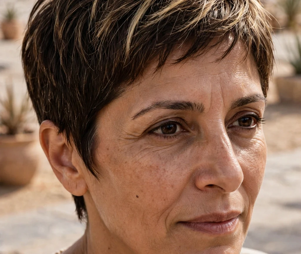 Pixie with highlighted crown on fine dark brown hair, Middle Eastern woman in her mid 40s, sand-colored top, desert plaza