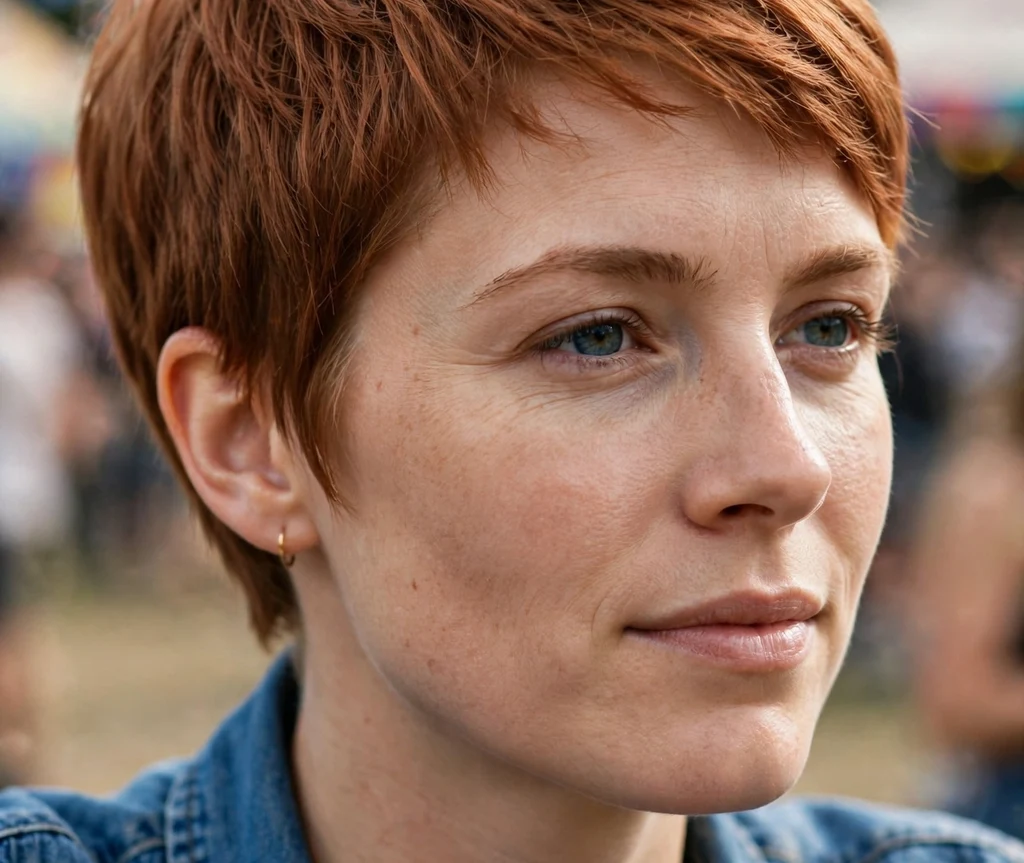 Classic tapered-nape pixie on fine copper hair, Caucasian woman in her mid 20s, denim shirt, music festival