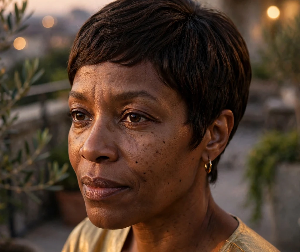 Rounded pixie shape on fine dark brown hair, Black woman in her early 40s, gold top, evening terrace