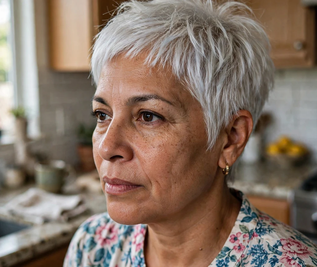Bold platinum pixie on fine platinum blonde hair, Latina woman in her late 40s, floral-print blouse, home kitchen