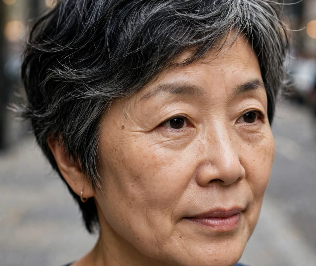 Pixie with natural waves on fine black hair with gray streaks, East Asian woman in her mid 50s, navy top, city street