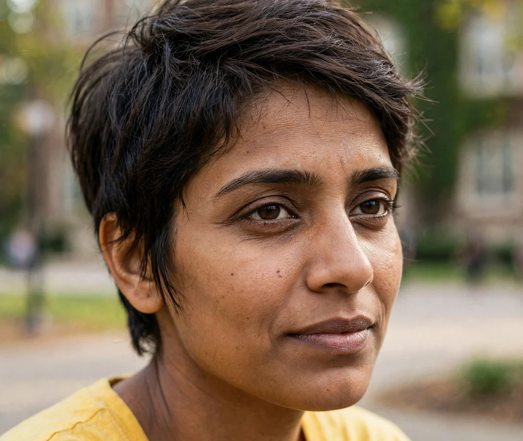Wash-and-go pixie on fine dark brown hair, South Asian woman in her late 20s, yellow top, college campus