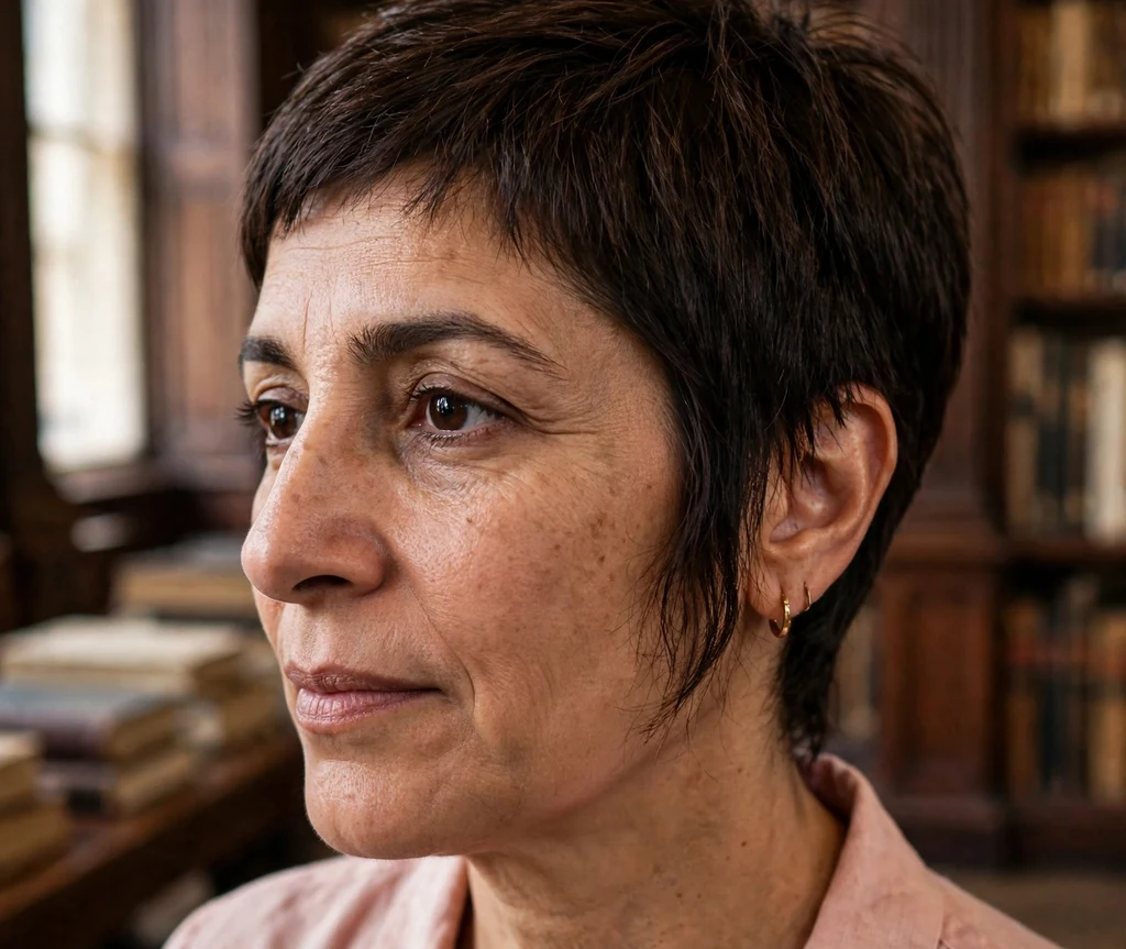 Pixie with longer sideburns on fine espresso hair, Middle Eastern woman in her early 40s, blush-pink blouse, historic library