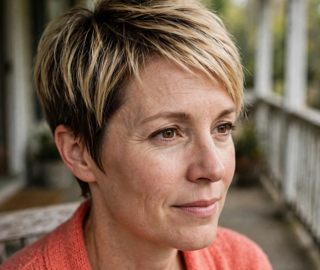 Two-tone root-melt pixie on fine honey blonde hair, Caucasian woman in her early 40s, coral cardigan, front porch