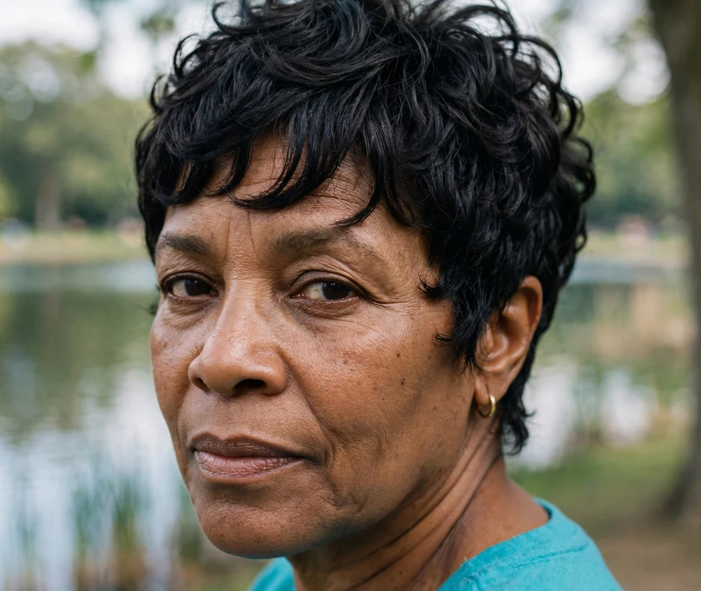 Pixie with forward-swept fringe on fine curly black hair, Black woman in her late 50s, turquoise top, lakeside park
