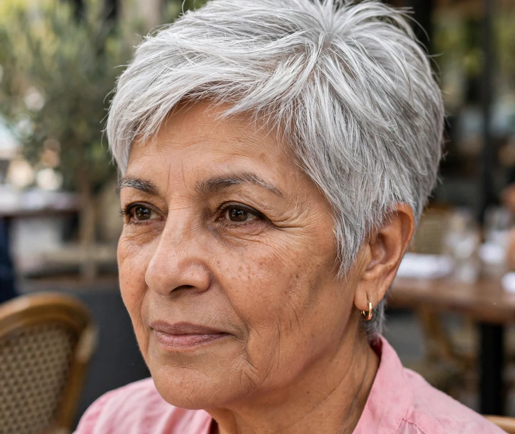 Feathered silver pixie on fine silver hair, Latina woman in her early 60s, pink blouse, restaurant patio