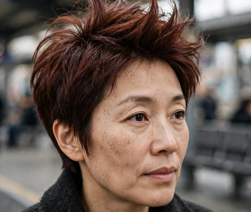 Pixie with root lift on fine mahogany hair, East Asian woman in her late 30s, charcoal coat, train station
