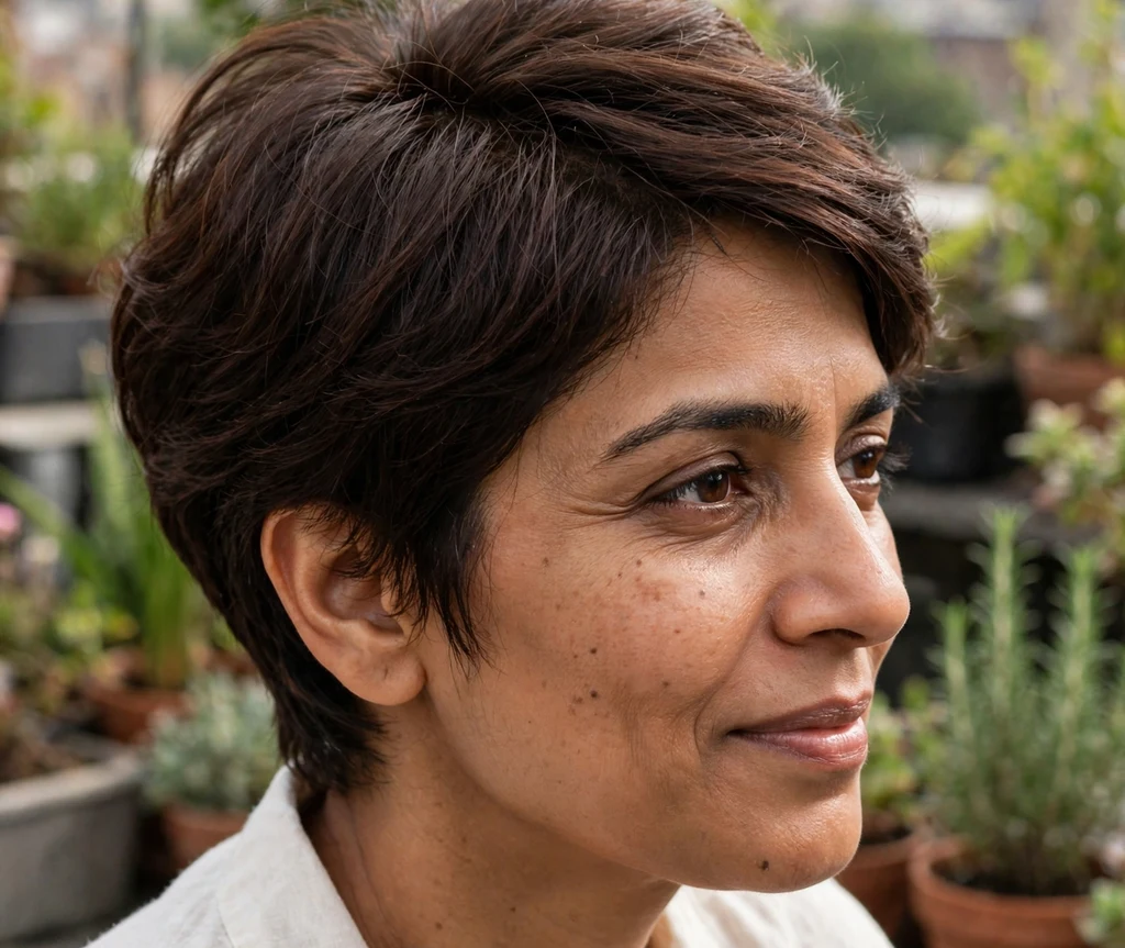 Softly stacked pixie on fine chocolate brown hair, South Asian woman in her mid 30s, ivory top, rooftop garden