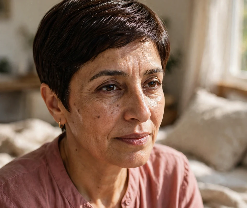 Polished pixie with shine on fine dark brown hair, Middle Eastern woman in her late 40s, dusty-rose blouse, sunlit bedroom
