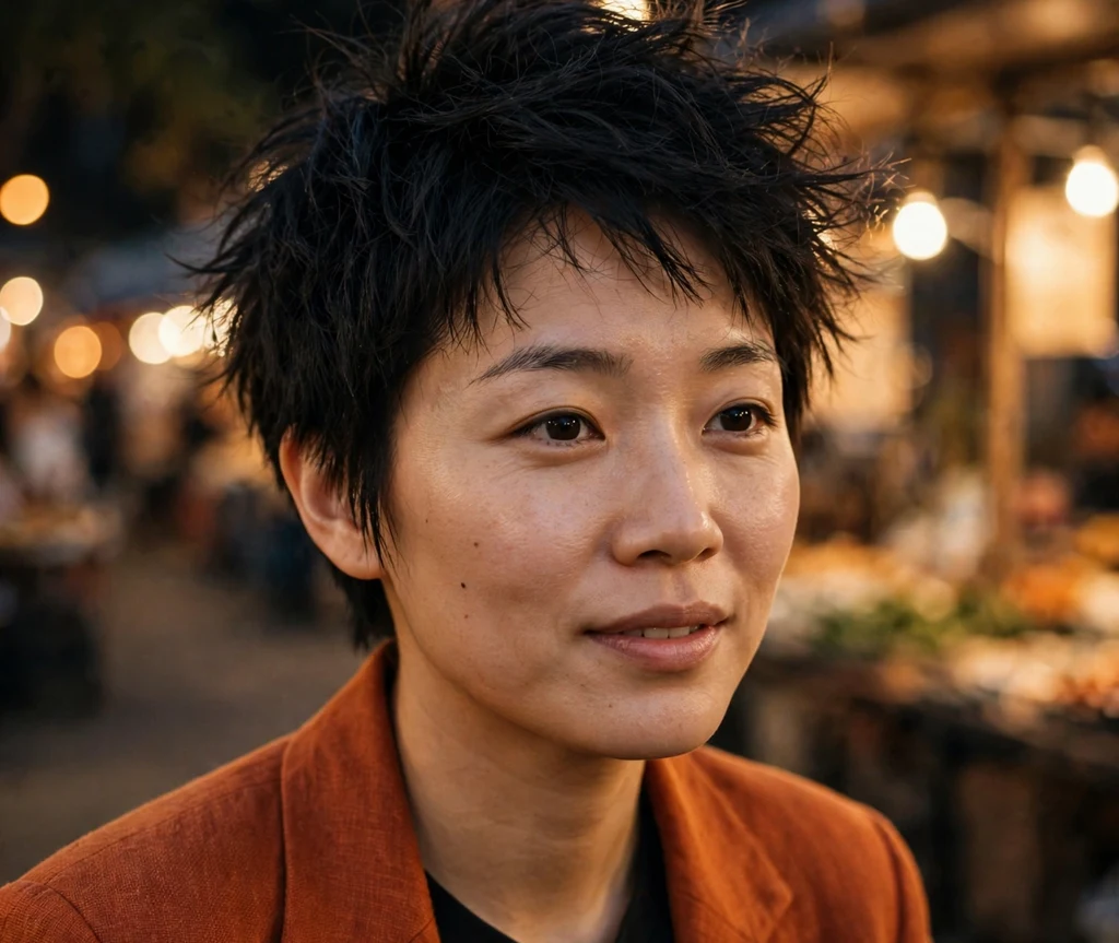 Tousled night-out pixie on fine jet black hair, East Asian woman in her late 20s, rust-orange blazer, night market