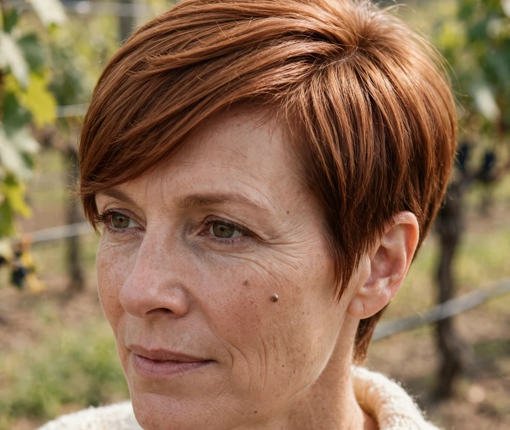 Sleek side-sweep pixie on fine auburn hair, Caucasian woman in her mid 40s, cream knit sweater, vineyard