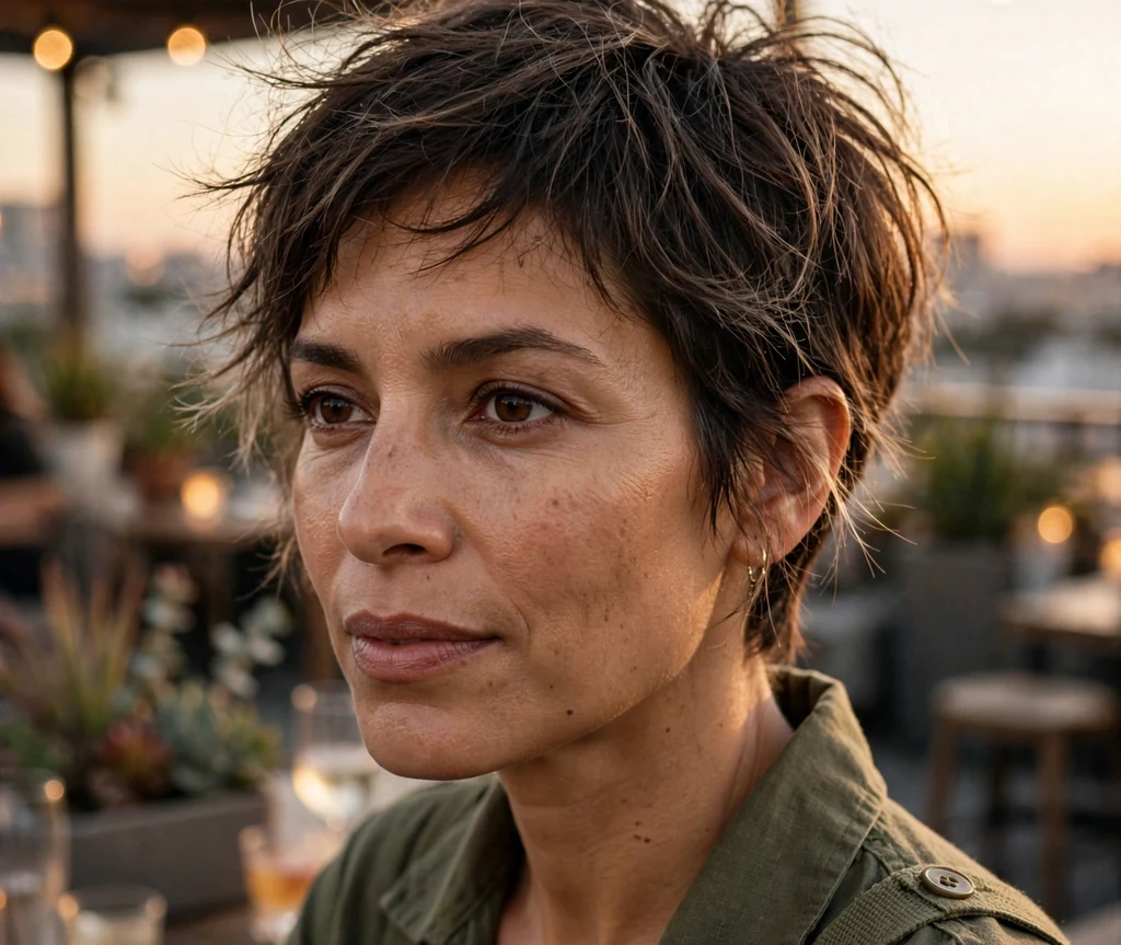 Wispy romantic pixie on fine dark brown hair, Latina woman in her mid 30s, olive jumpsuit, rooftop bar
