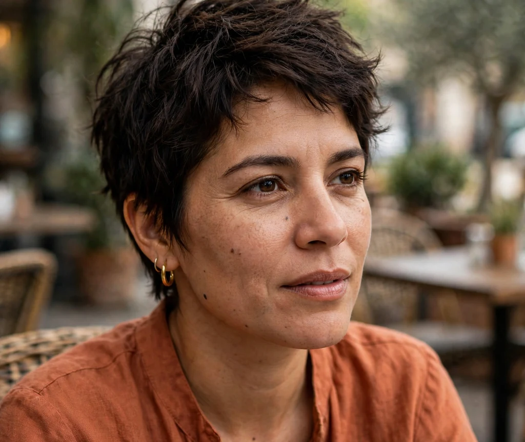 Latina woman with a choppy layered textured pixie crop