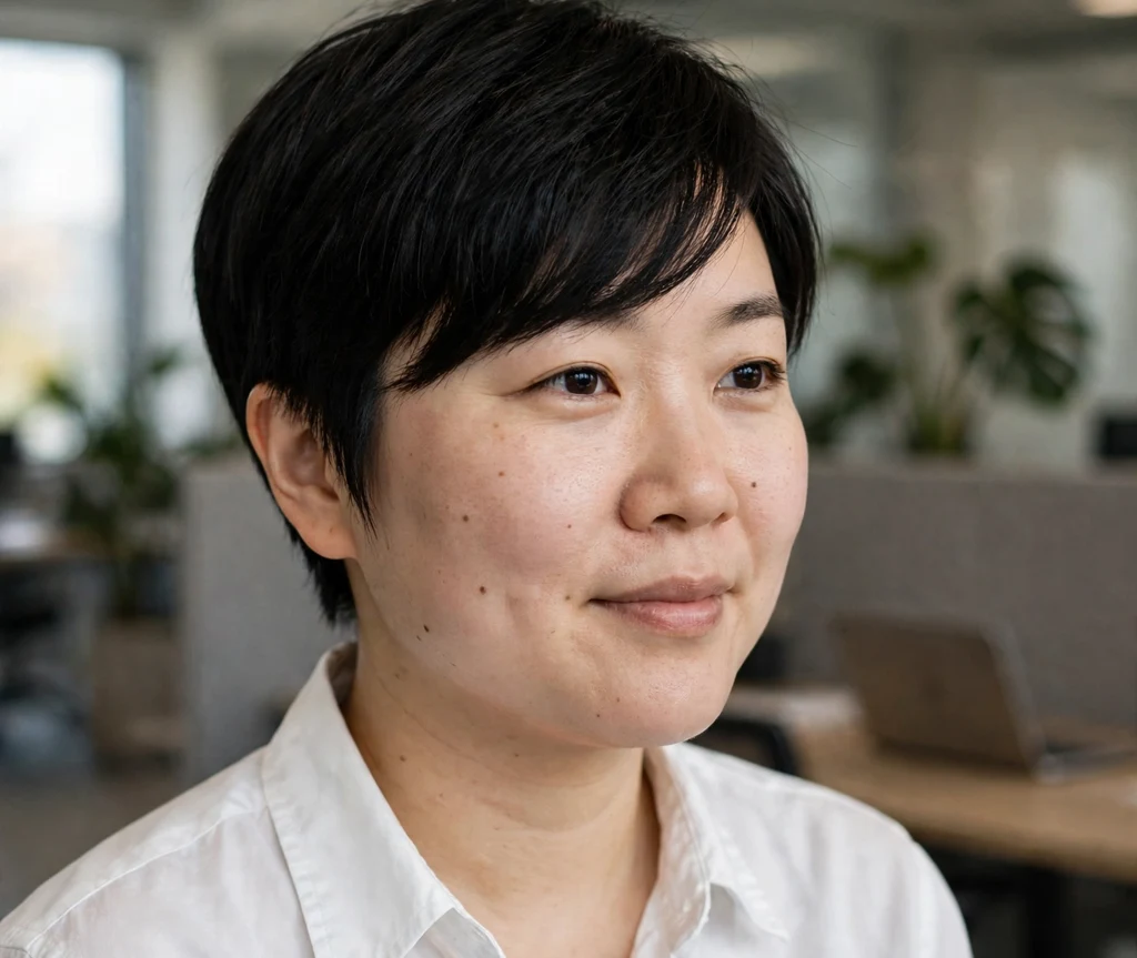East Asian woman with a tapered pixie and side-swept fringe