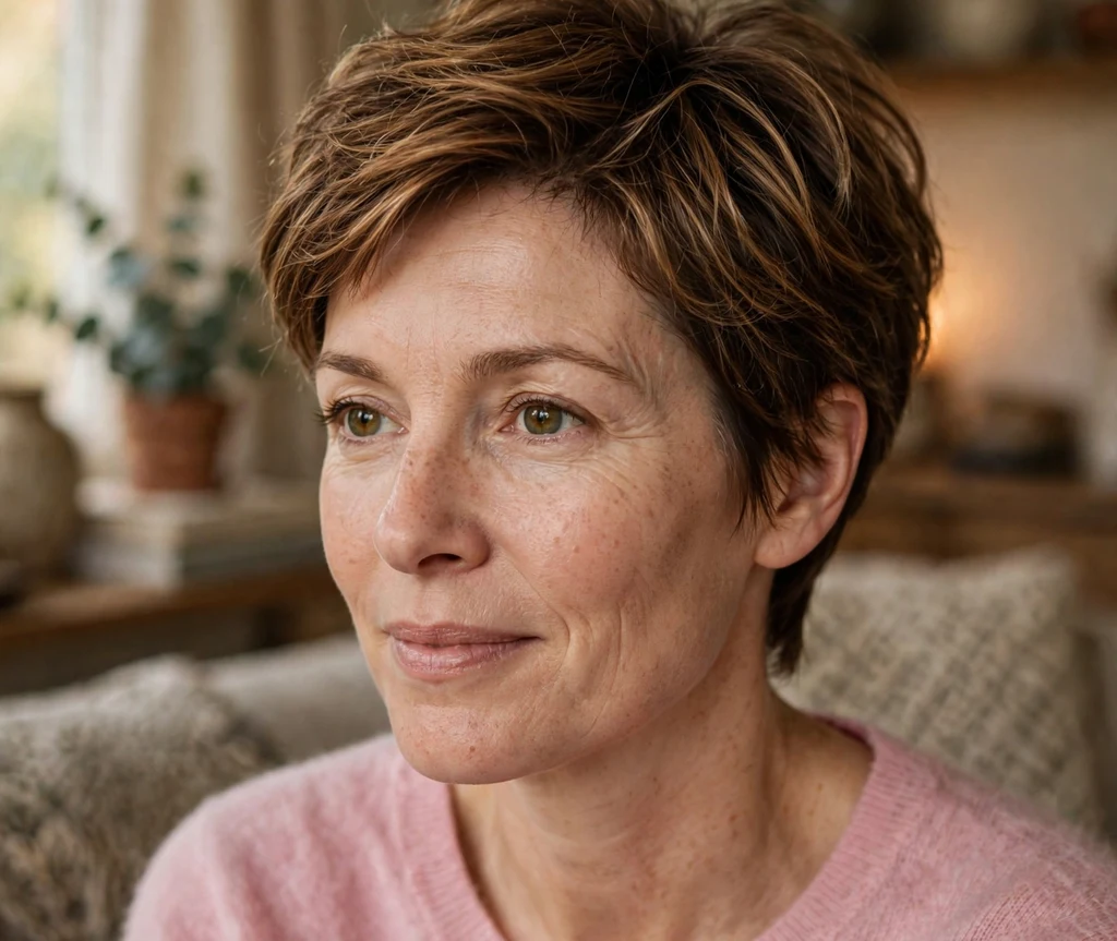 Woman with a feathered pixie with soft volume and caramel highlights