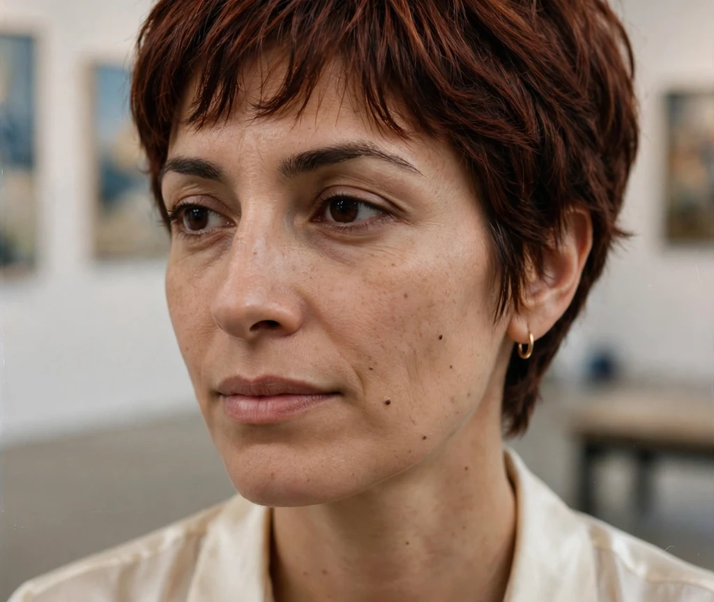 Middle Eastern woman with a layered pixie and wispy bangs