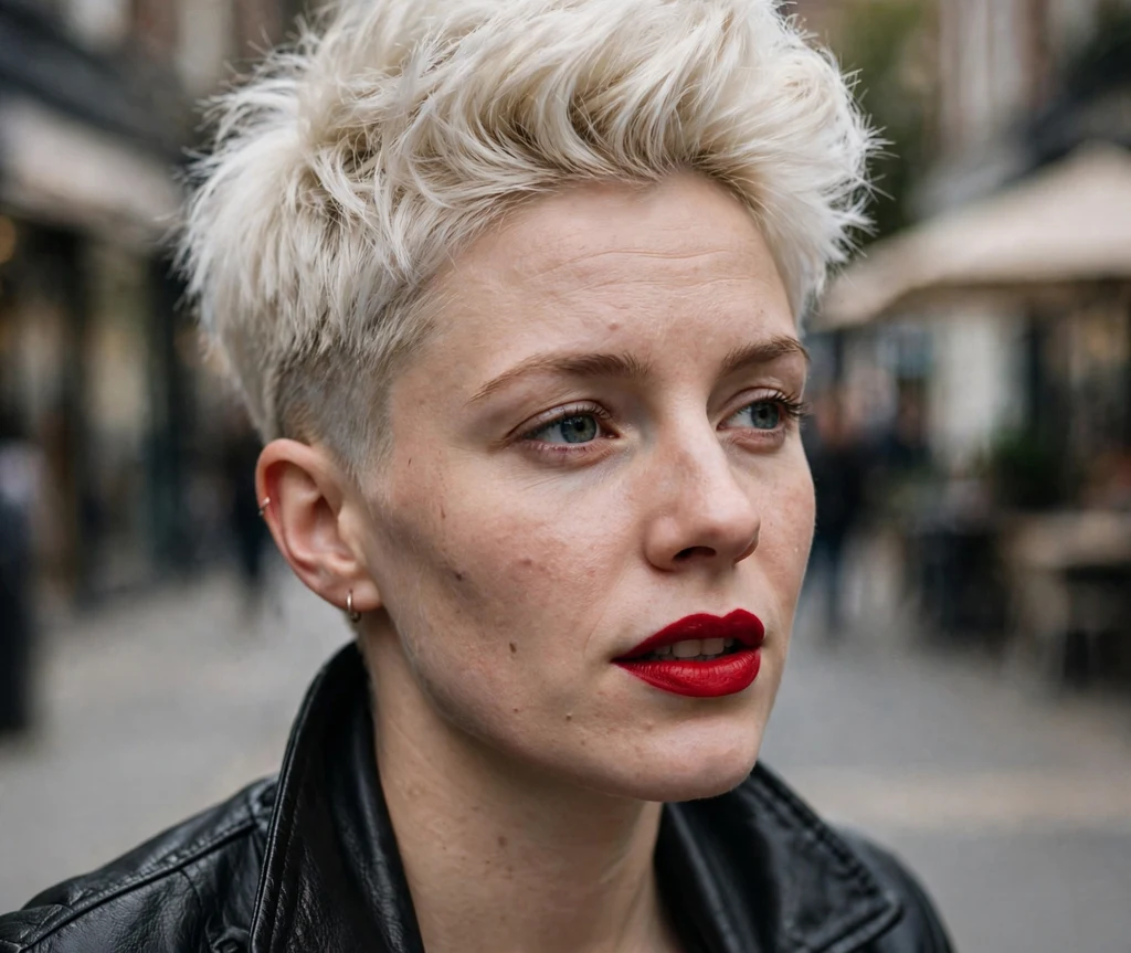 Young woman with a platinum pixie with undercut sides