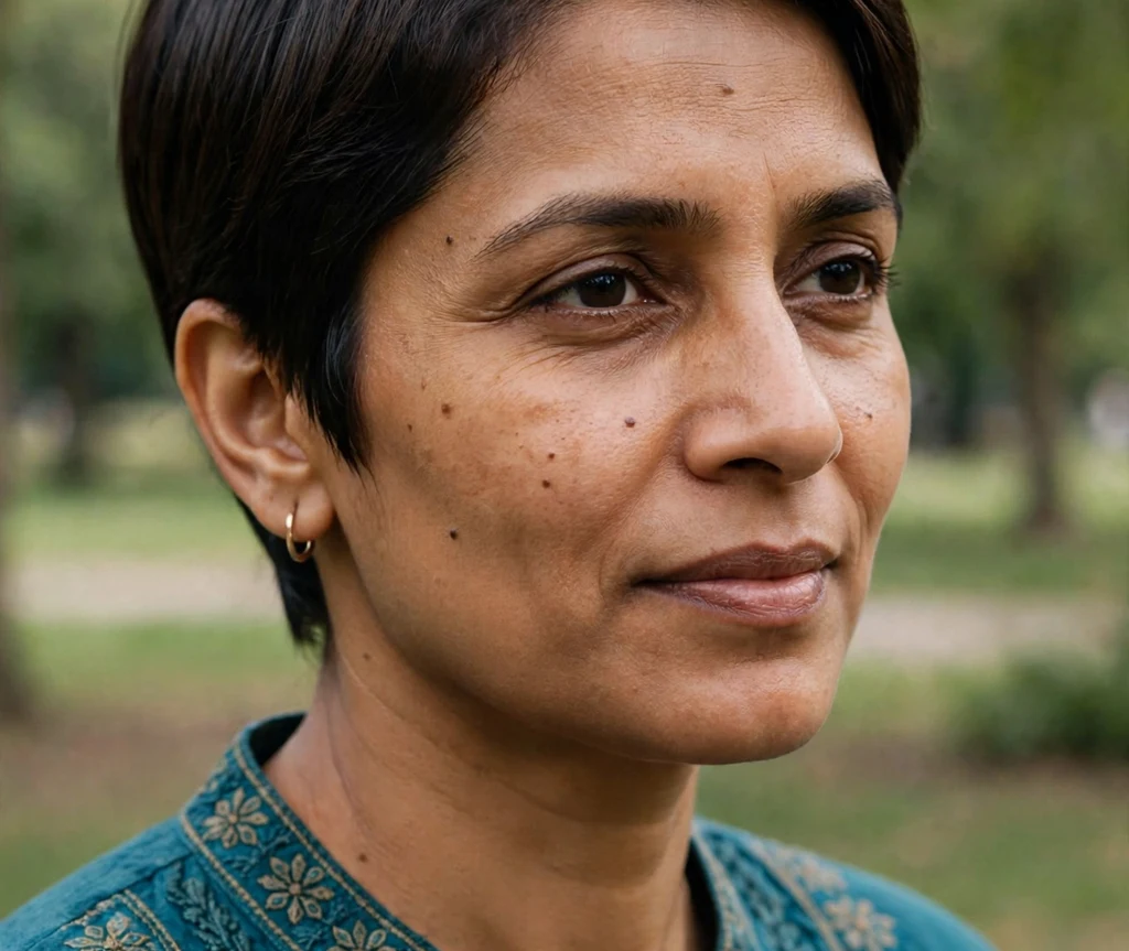 South Asian woman with a sleek side-parted pixie