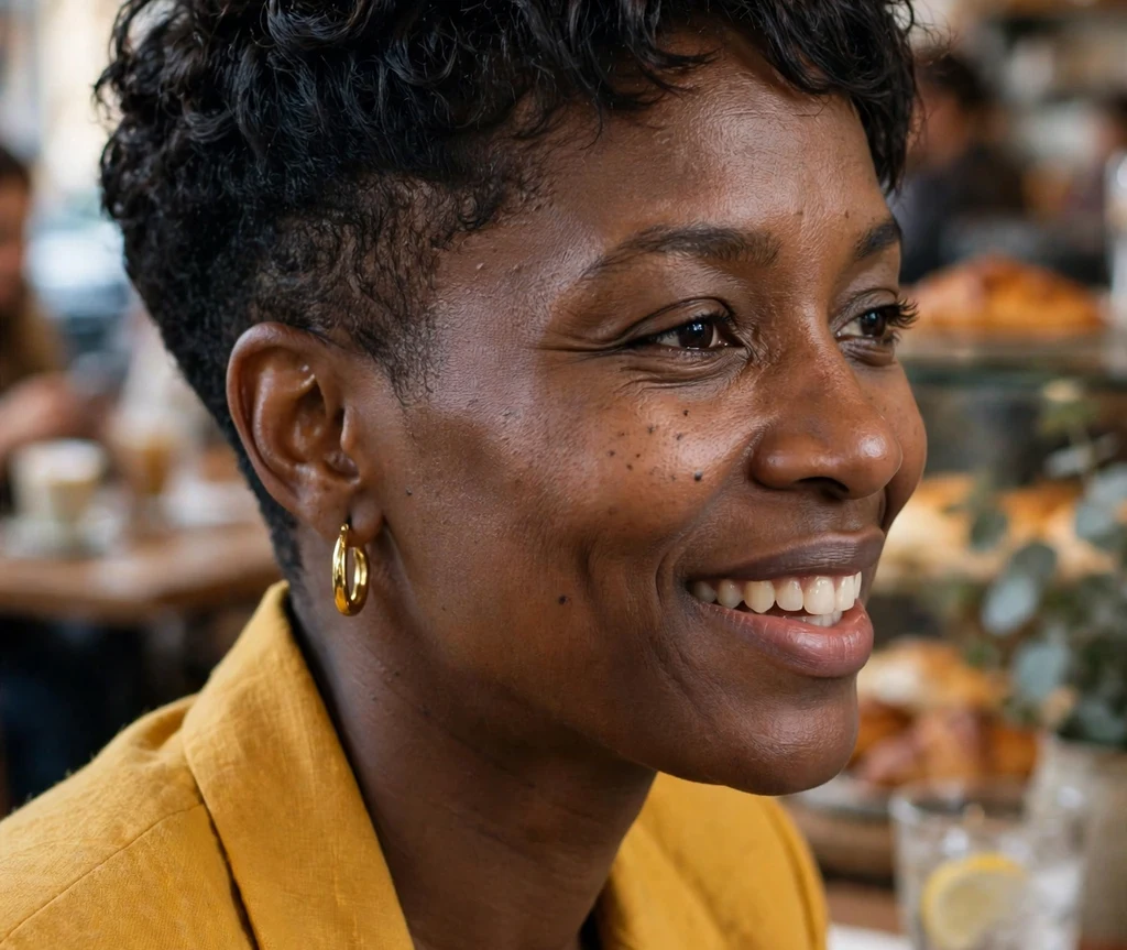 Black woman with a curly-top pixie and tapered sides