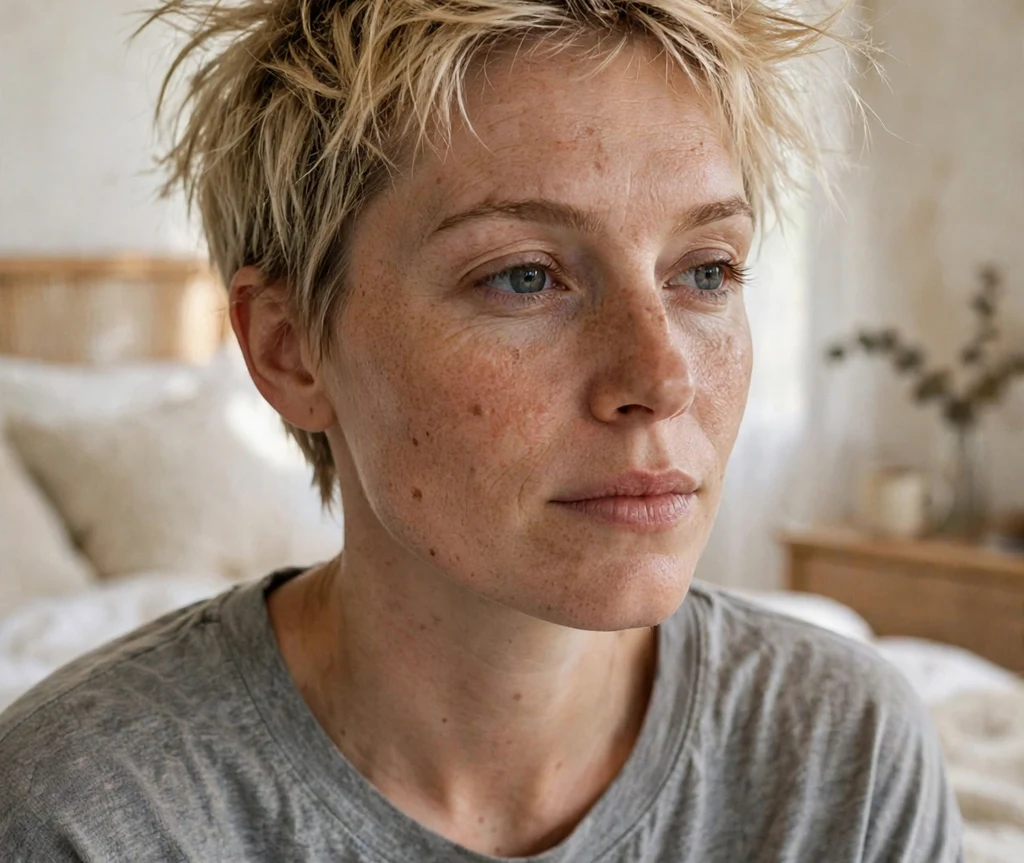Young woman with a messy tousled bedhead pixie