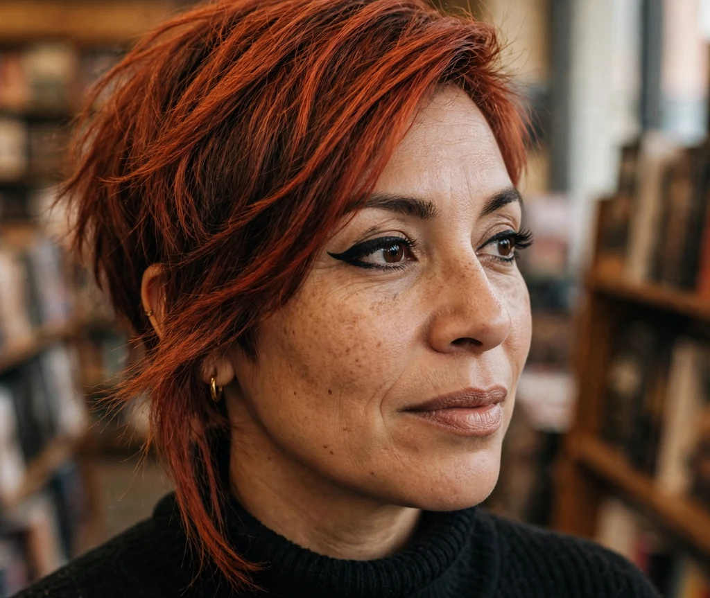 Latina woman with an asymmetrical copper pixie and long bang