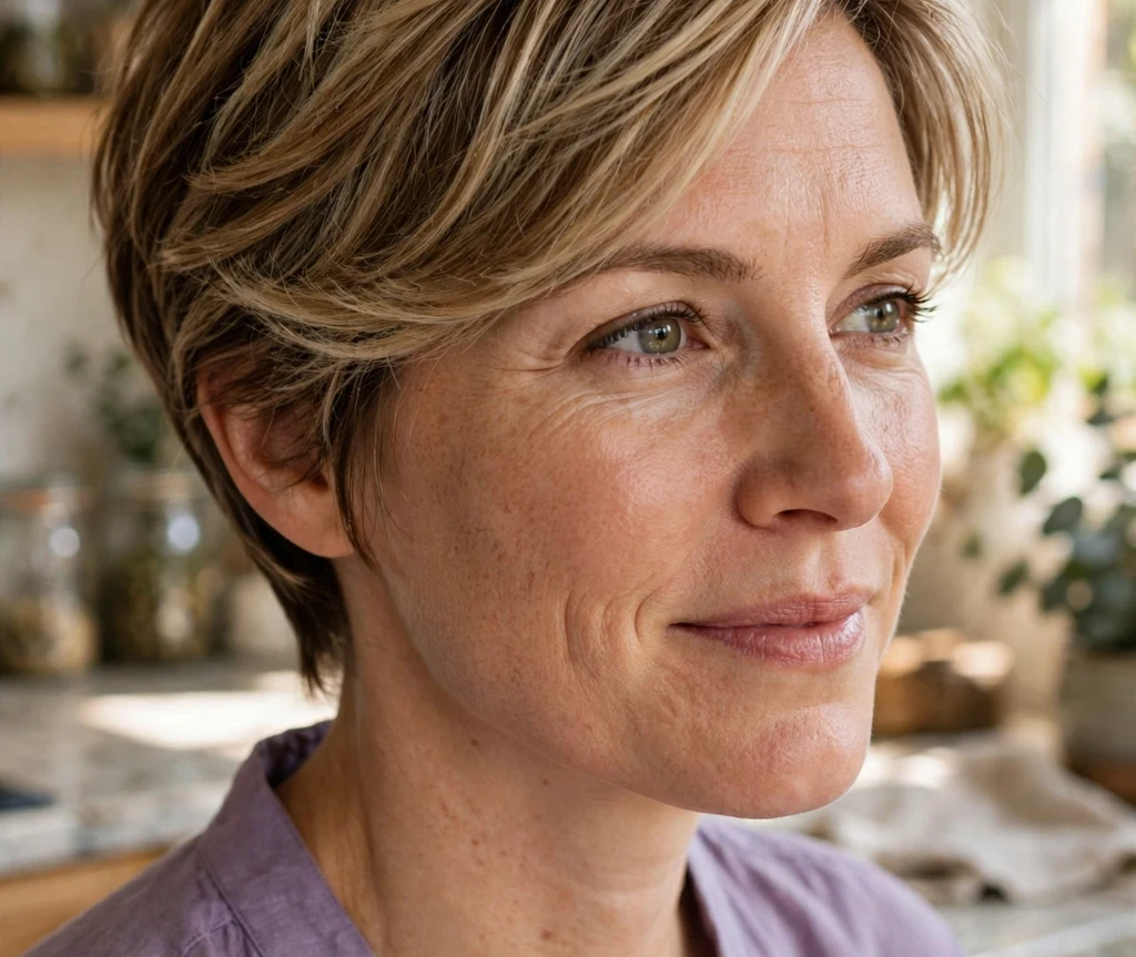 Woman with a swoopy layered pixie with blonde balayage