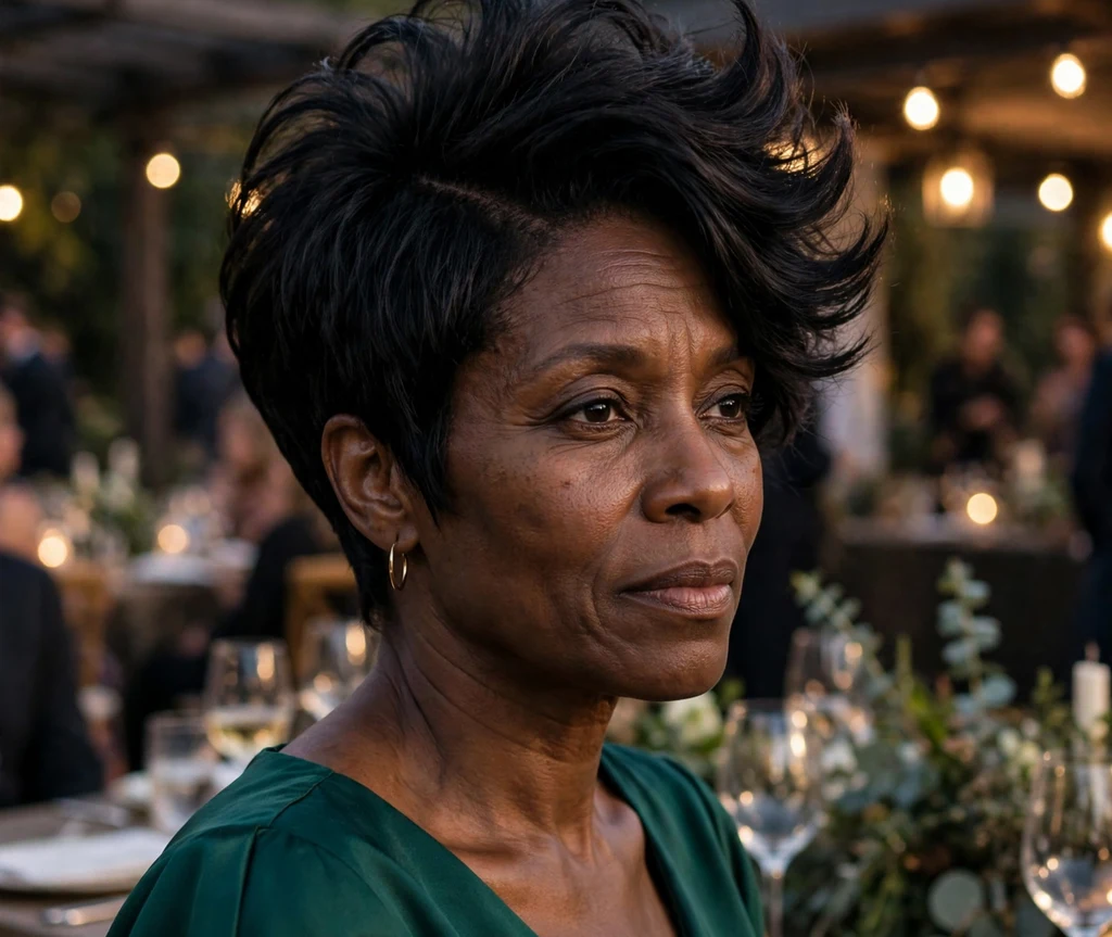 Black woman with a deep side part pixie with volume