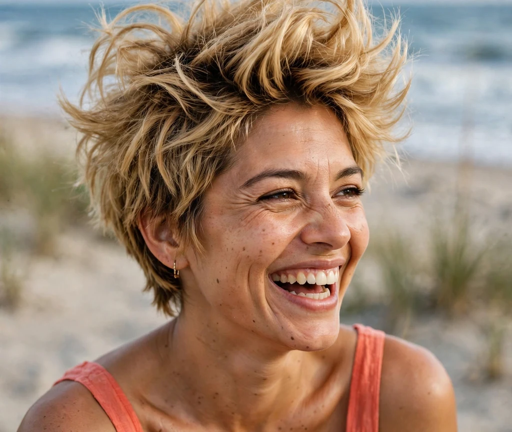 Latina woman with a voluminous pixie with lifted crown