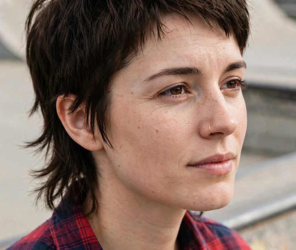 Young woman with a pixie mullet with textured edges