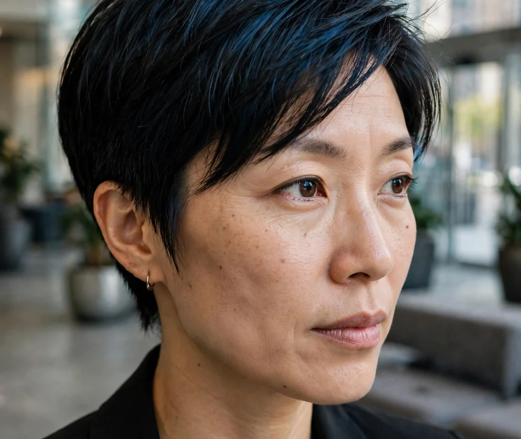 East Asian woman with a tapered nape pixie with long top