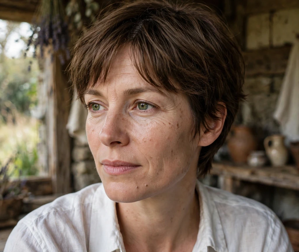 Woman with a tousled pixie with curtain bangs