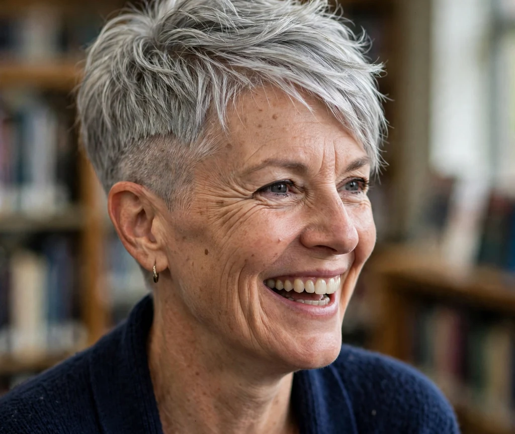 Older woman with a disconnected silver pixie with bold contrast