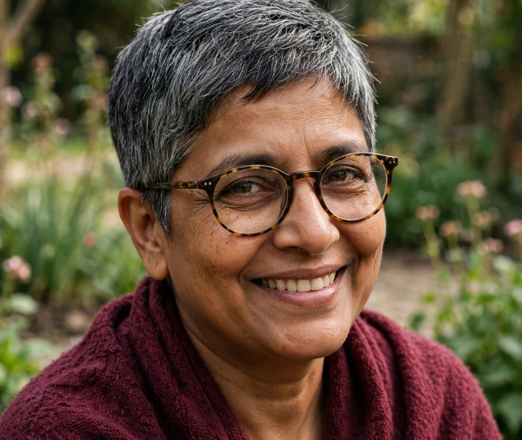 Older South Asian woman with a classic tapered pixie