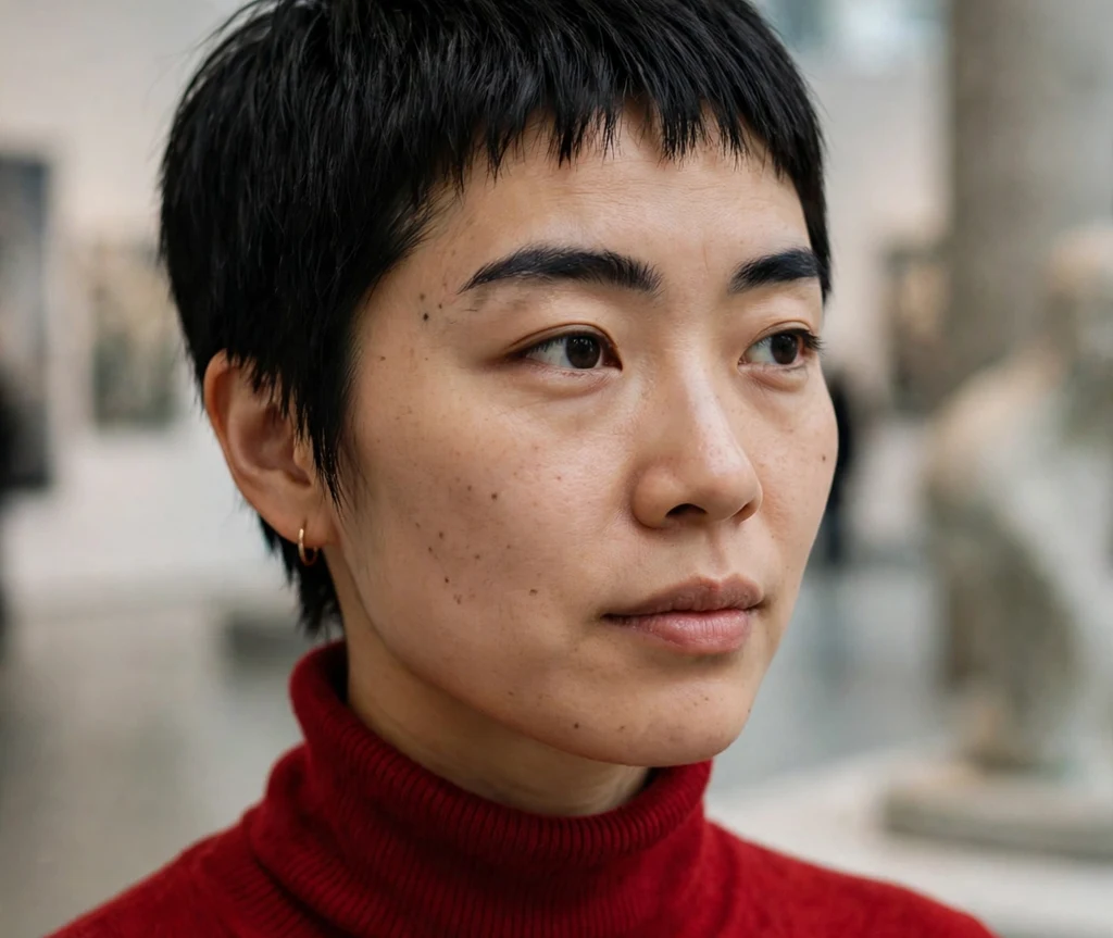 East Asian woman with a pixie with micro bangs