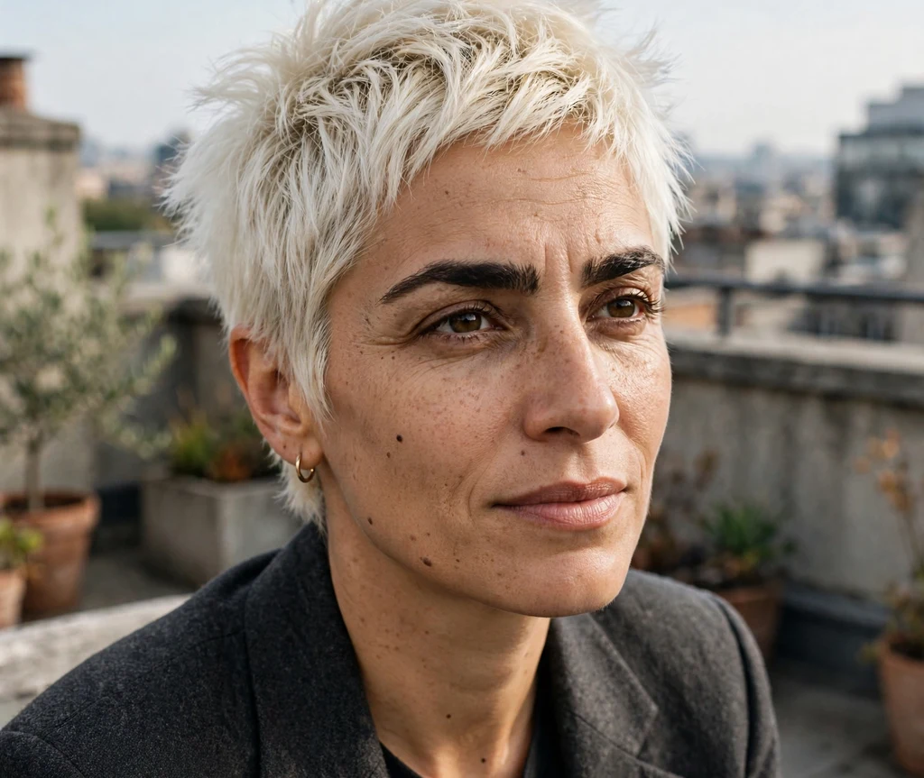 Woman with a platinum choppy textured pixie