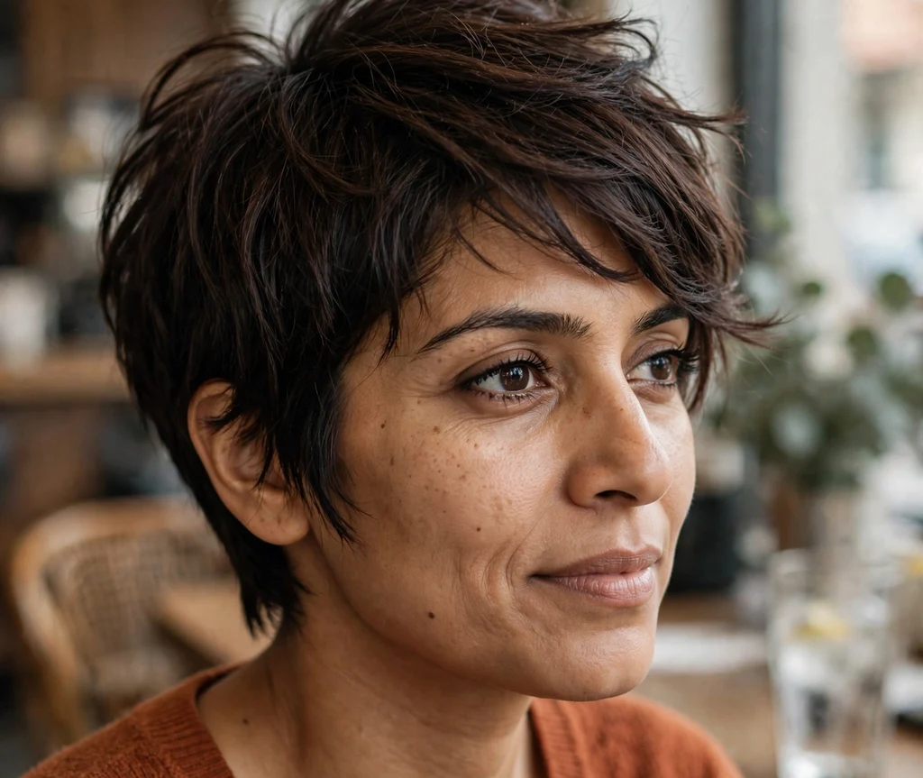 South Asian woman with a pixie with razored ends