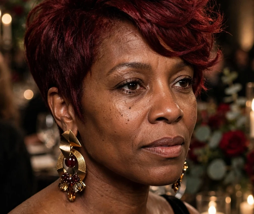 Black woman with a side-swept voluminous burgundy pixie