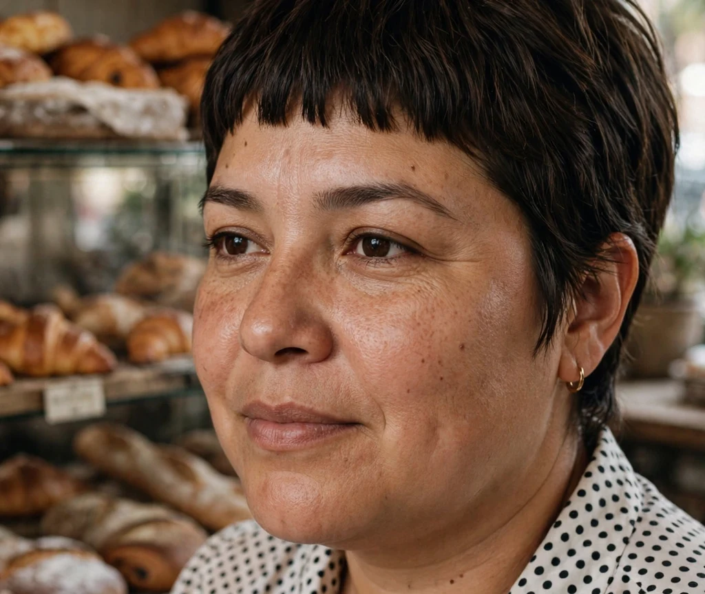 Latina woman with a short pixie with full fringe