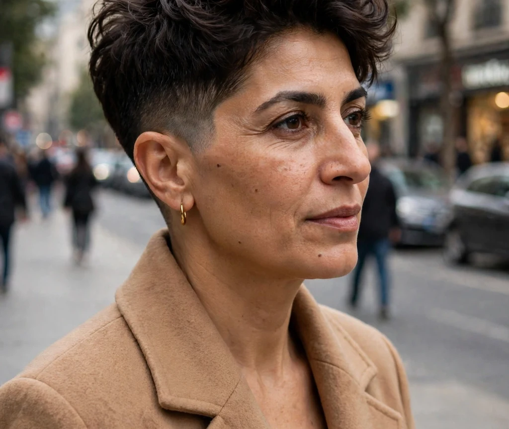 Woman with a voluminous top pixie with faded sides