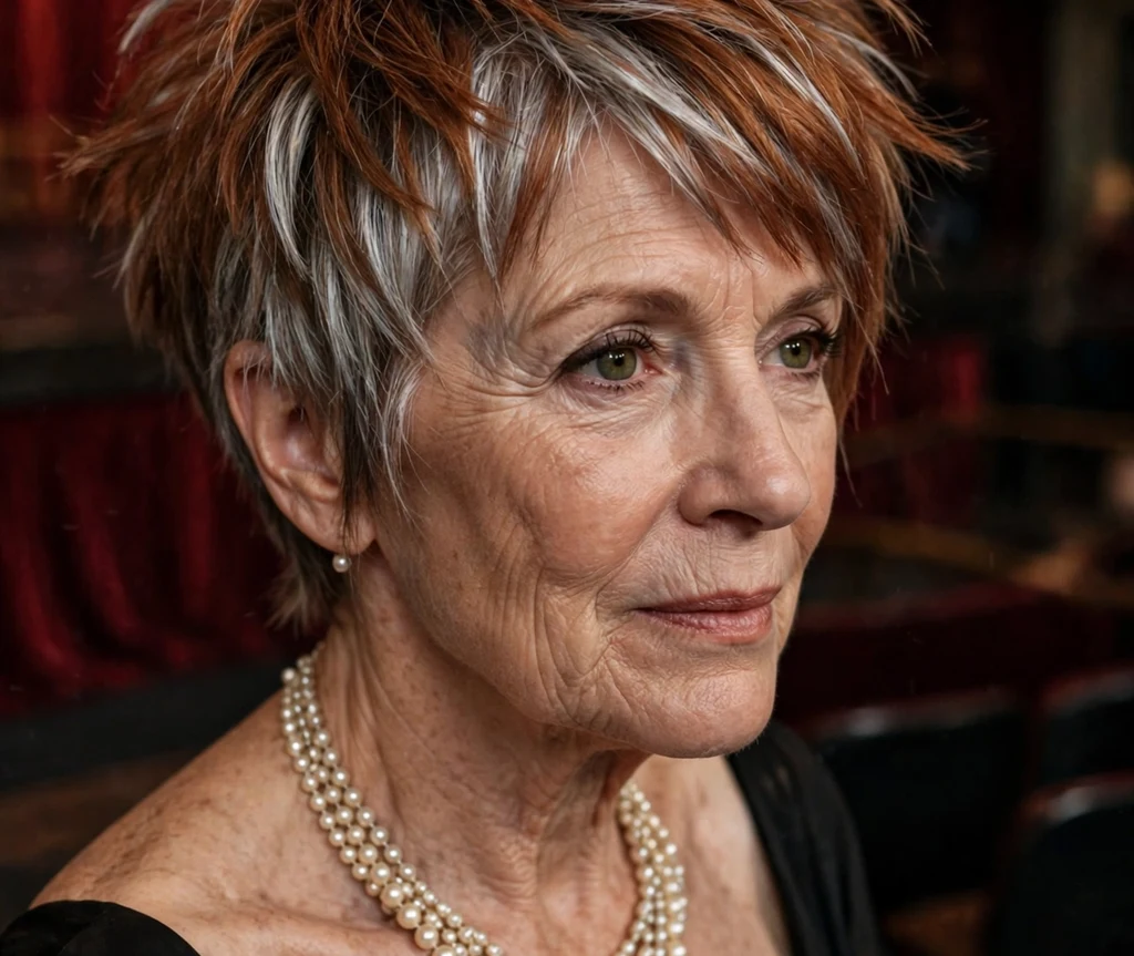 Older woman with a bold dramatic layered auburn pixie