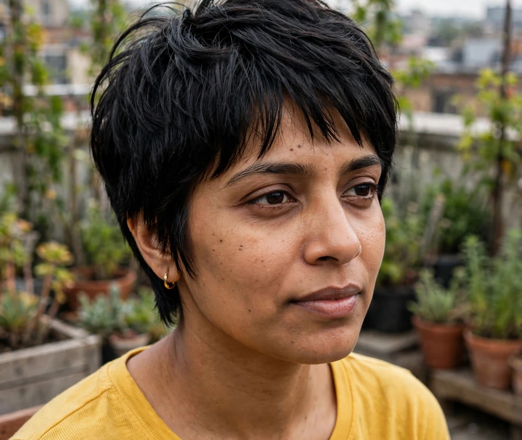 South Asian woman with a layered pixie with textured bangs