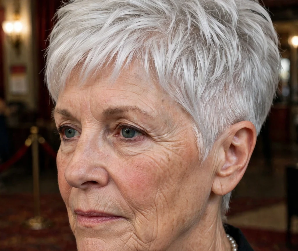 Older woman with a voluminous white pixie with tapered sides