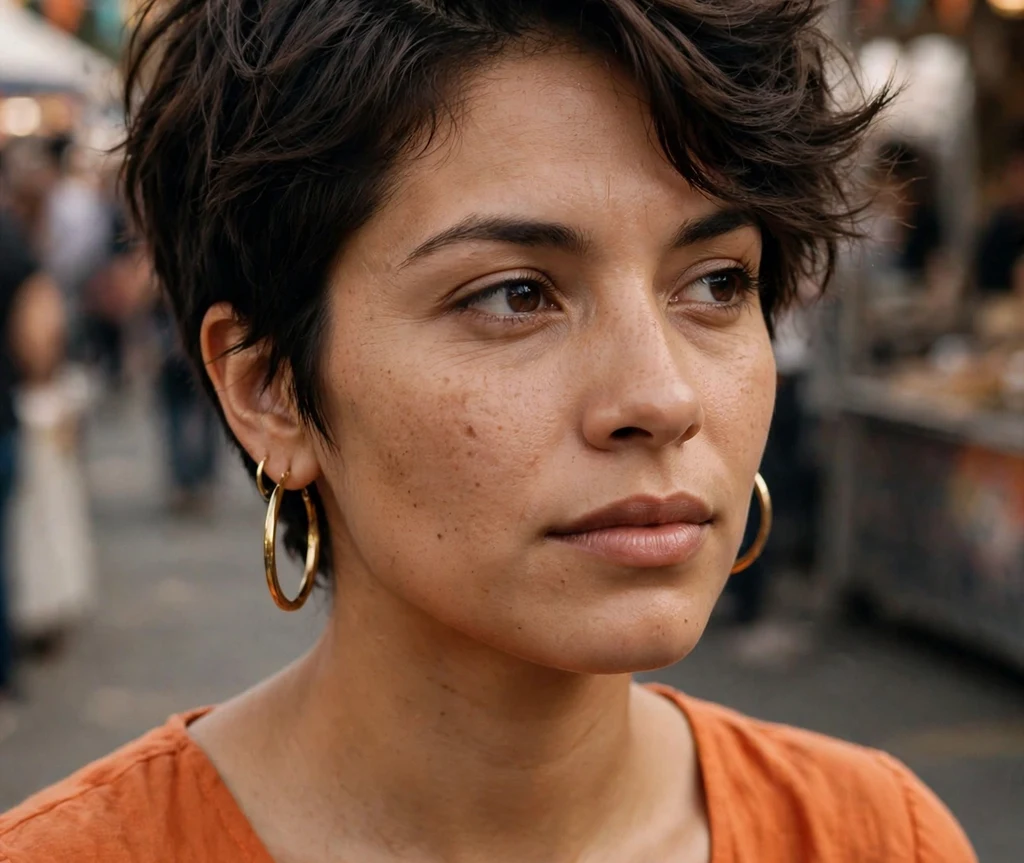 Young Latina woman with a tousled pixie with deep side part