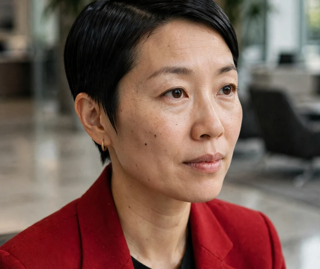 East Asian woman with a sleek glossy pixie