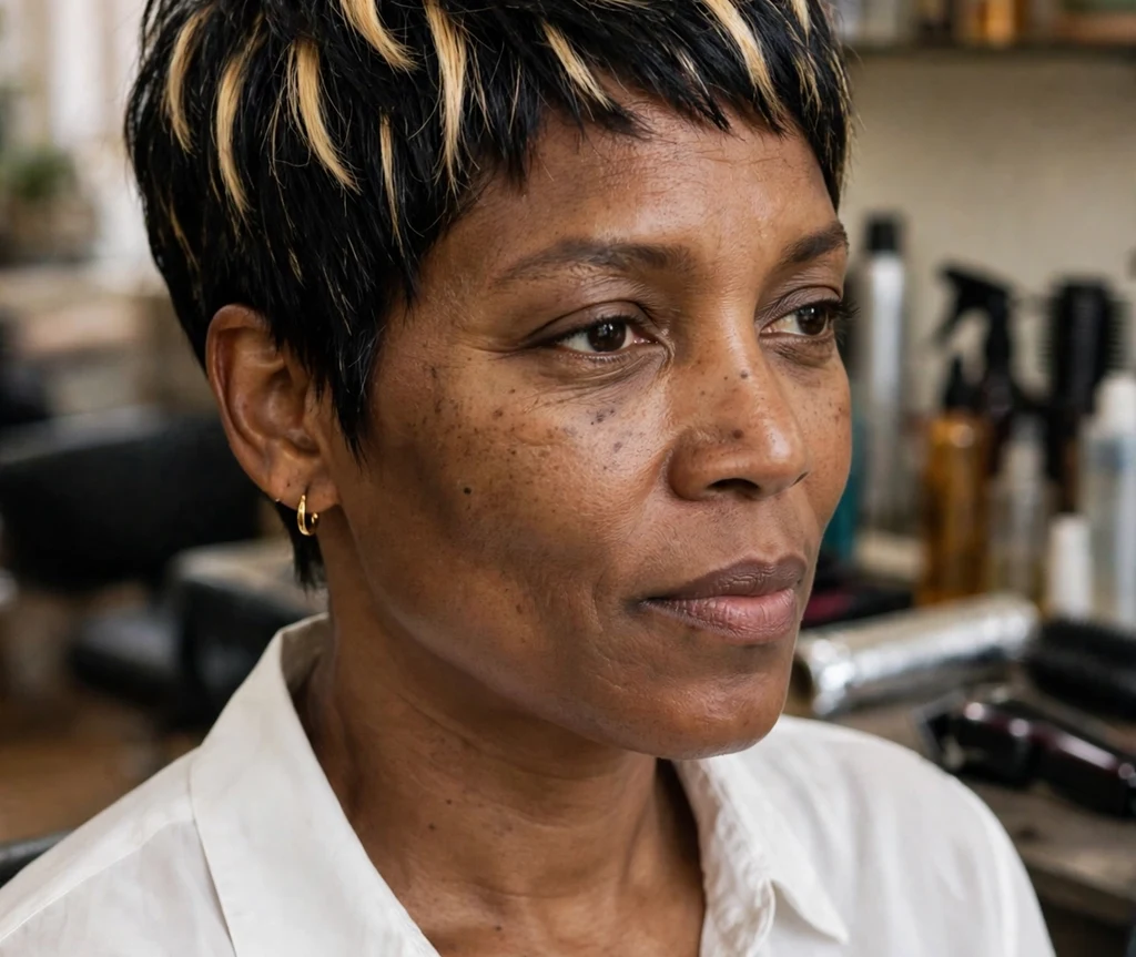 Black woman with a pixie with chunky blonde highlights