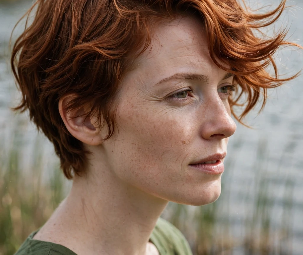 Woman with a wavy pixie with deep side sweep